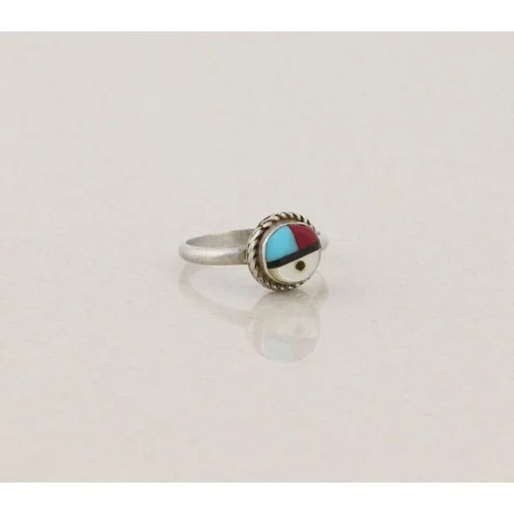 Sterling Silver Turquoise Coral Onyx Mother of Pearl Zuni Face Ring Size 4 1/2 - Picture 3 of 7
